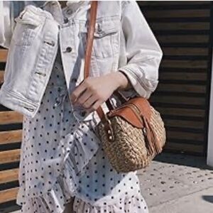 Amazon Brown and Tan Hand Woven Rattan Crossbody Shoulder Bag with Tassels New